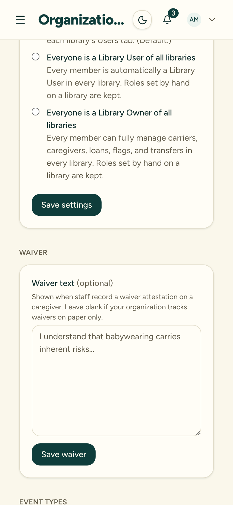 The organization settings Waiver section with the standard waiver wording field