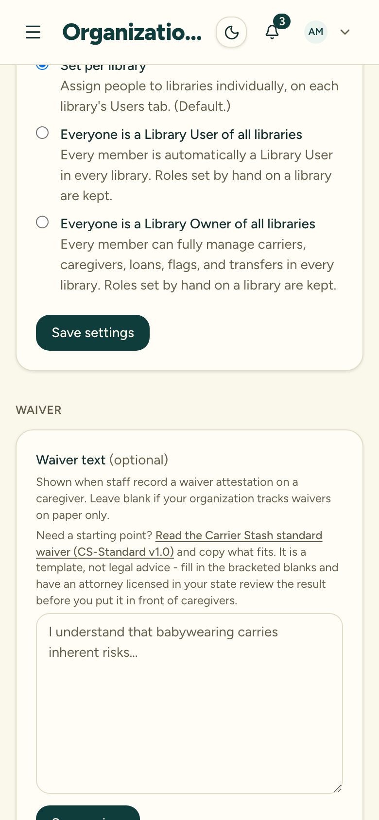 The organization settings Waiver section with the standard waiver wording field