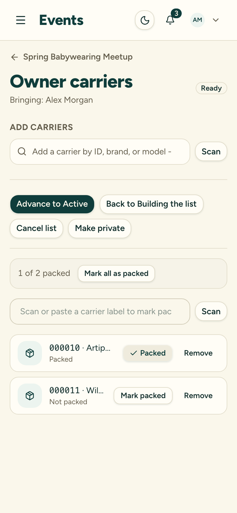 A packing list in the Ready stage showing the X-of-Y packed counter and per-carrier packing controls