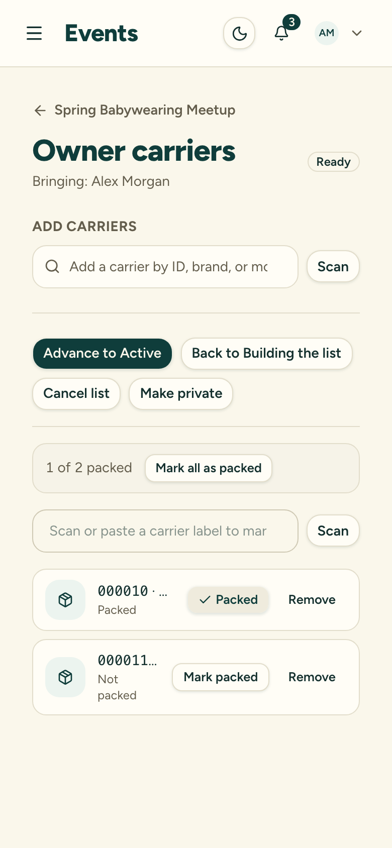A packing list in the Ready stage showing the X-of-Y packed counter and per-carrier packing controls