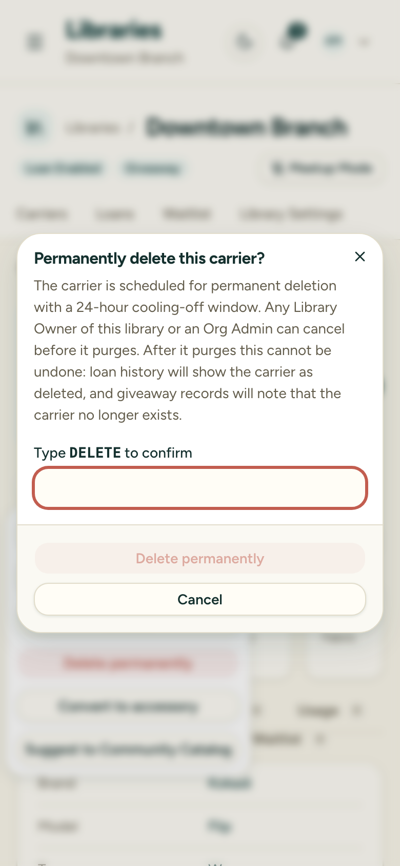 The permanent-delete confirmation dialog requiring you to type DELETE to enable the delete button