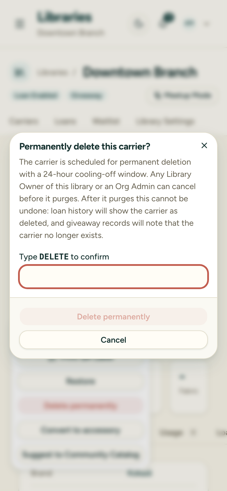 The permanent-delete confirmation dialog requiring you to type DELETE to enable the delete button
