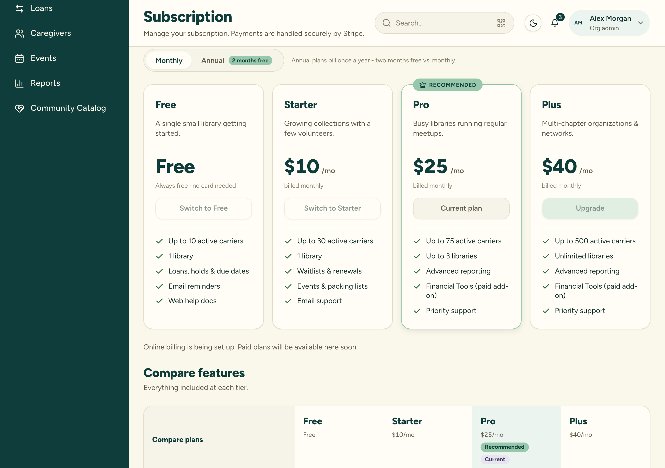 The Choose a plan section of the Subscription page, showing Free, Starter, Pro and Plus side by side with their prices, carrier and library limits and features, with the monthly/annual toggle and the current plan marked