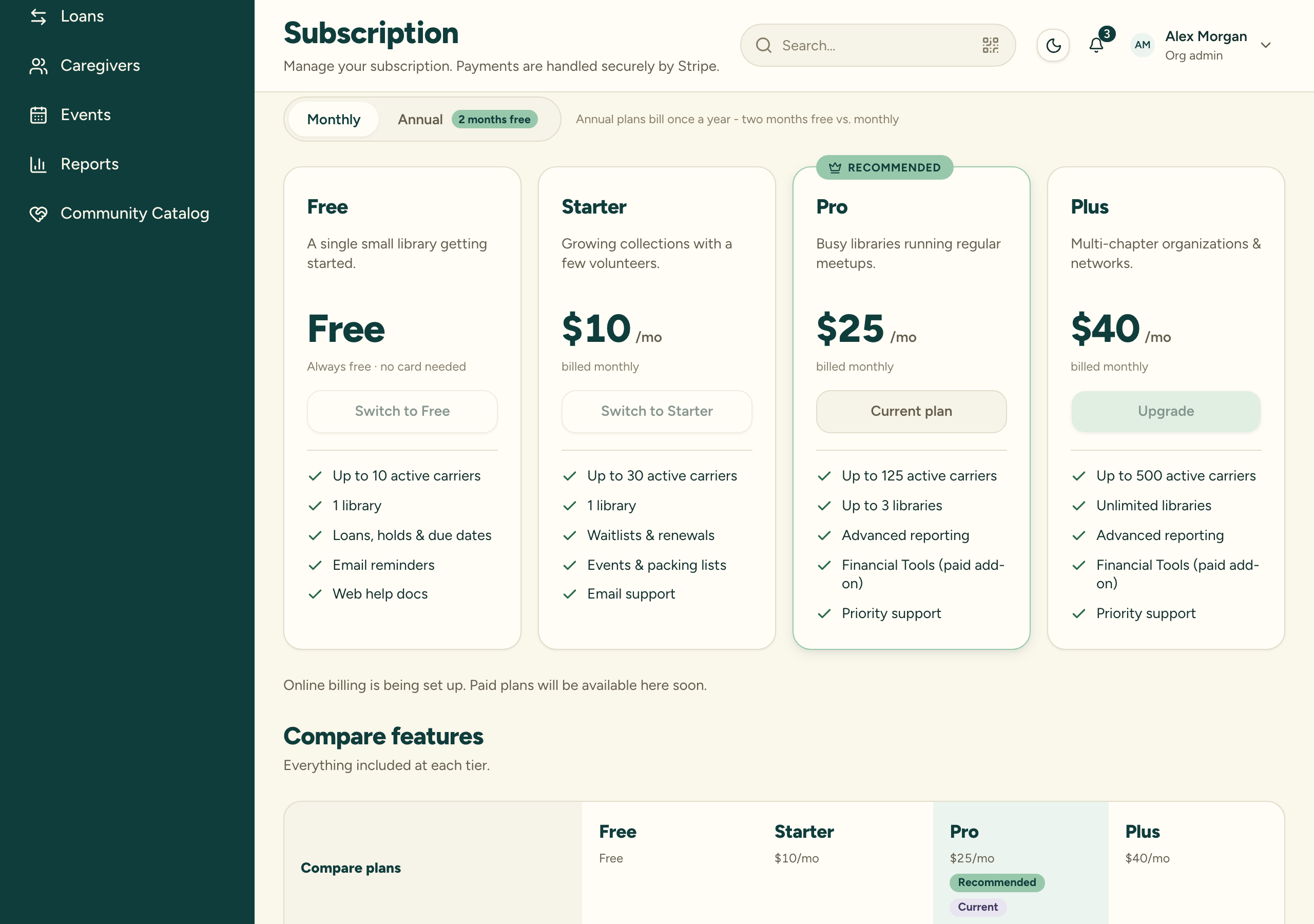 The Choose a plan section of the Subscription page, showing Free, Starter, Pro and Plus side by side with their prices, carrier and library limits and features, with the monthly/annual toggle and the current plan marked