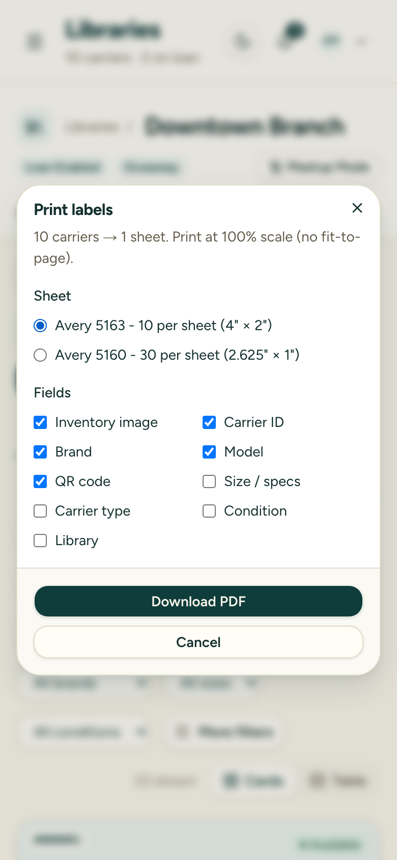 The label export dialog with sheet-layout and field options for printing QR labels