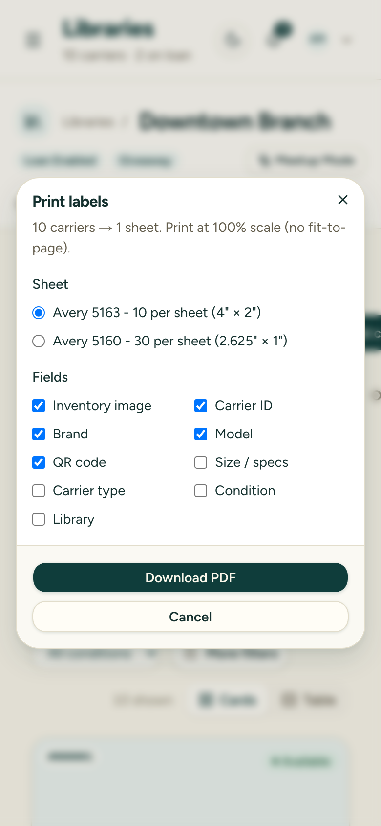 The label export dialog with sheet-layout and field options for printing QR labels