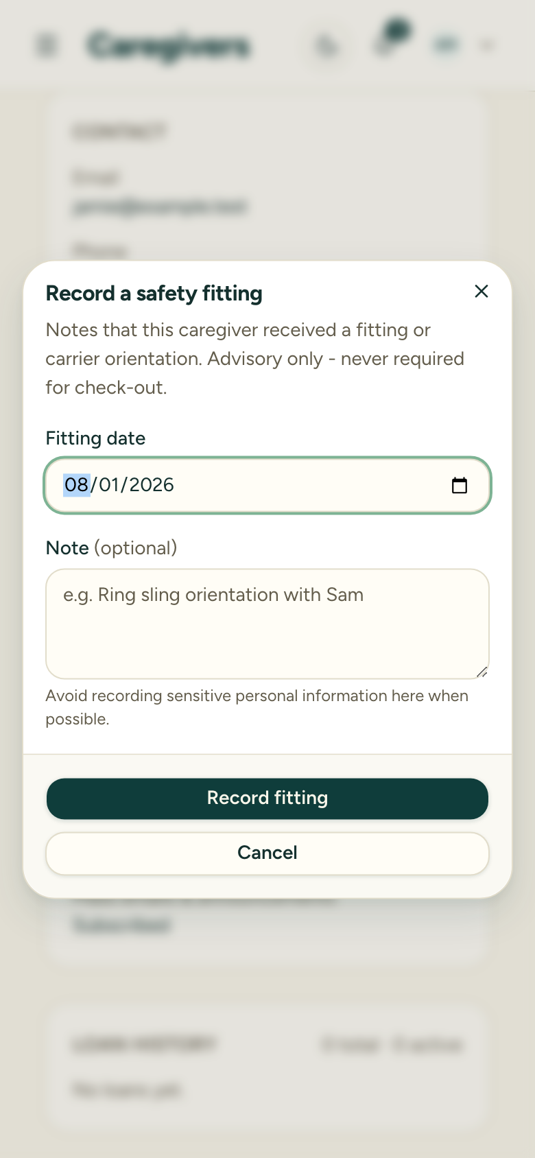 The Record a fit check dialog with the fitting date and note fields
