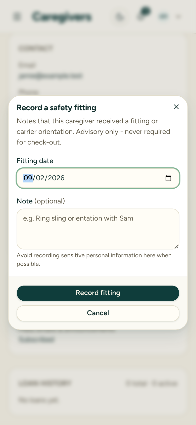 The Record a fit check dialog with the fitting date and note fields