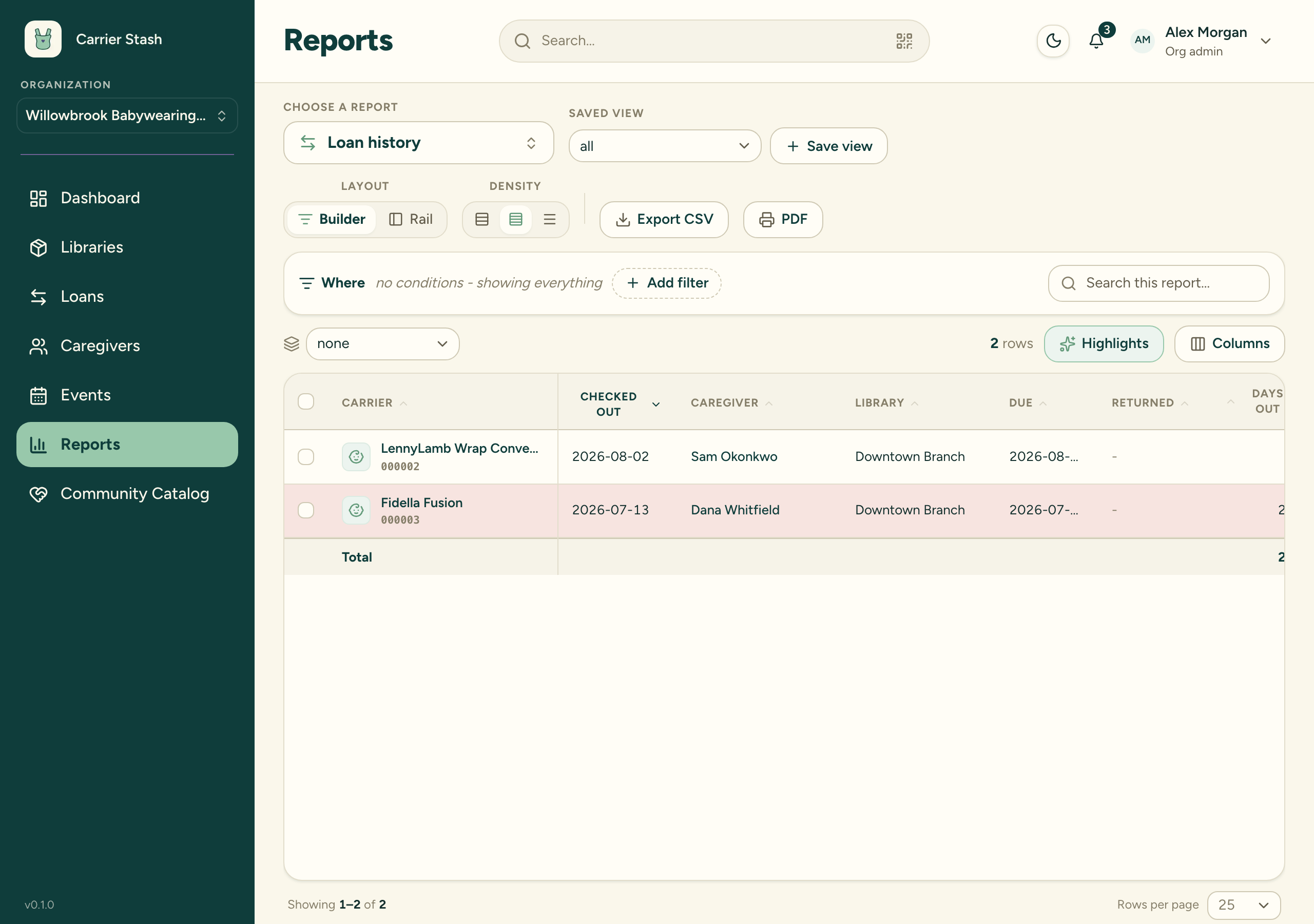 The Reports workspace on desktop showing the Loan history report with the report picker, filters, and a results table