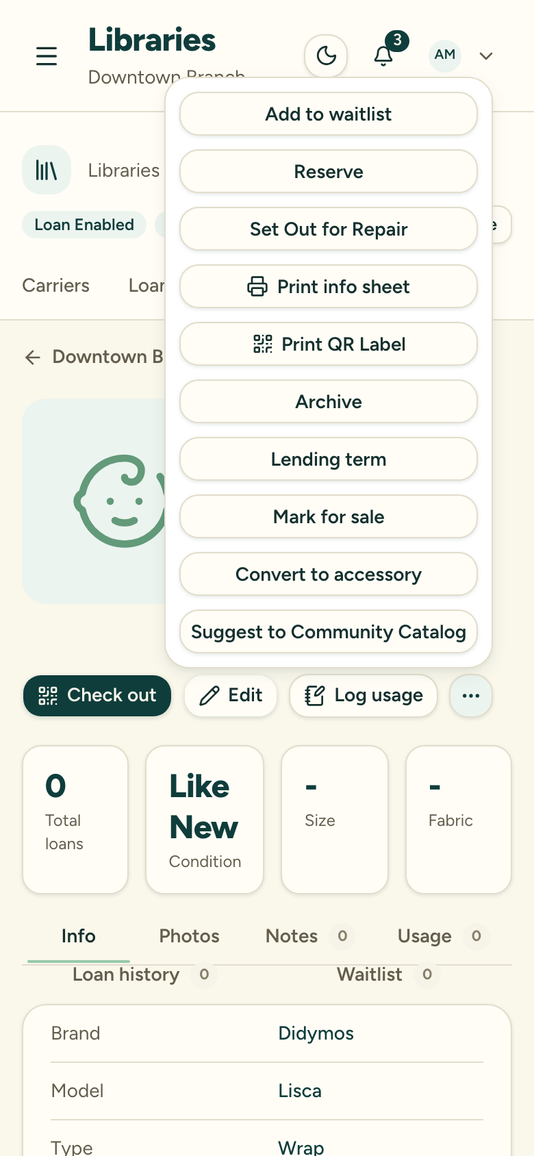 The More actions menu on an available carrier's detail page, listing Add to Waitlist, Reserve, Set in Repair and the print and archive actions