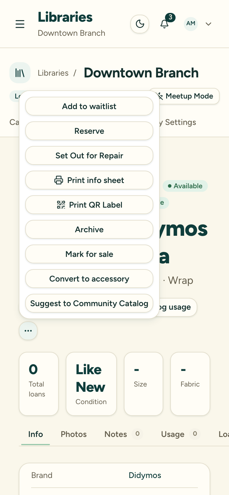 The More actions menu on an available carrier's detail page, listing Add to Waitlist, Reserve, Set in Repair and the print and archive actions