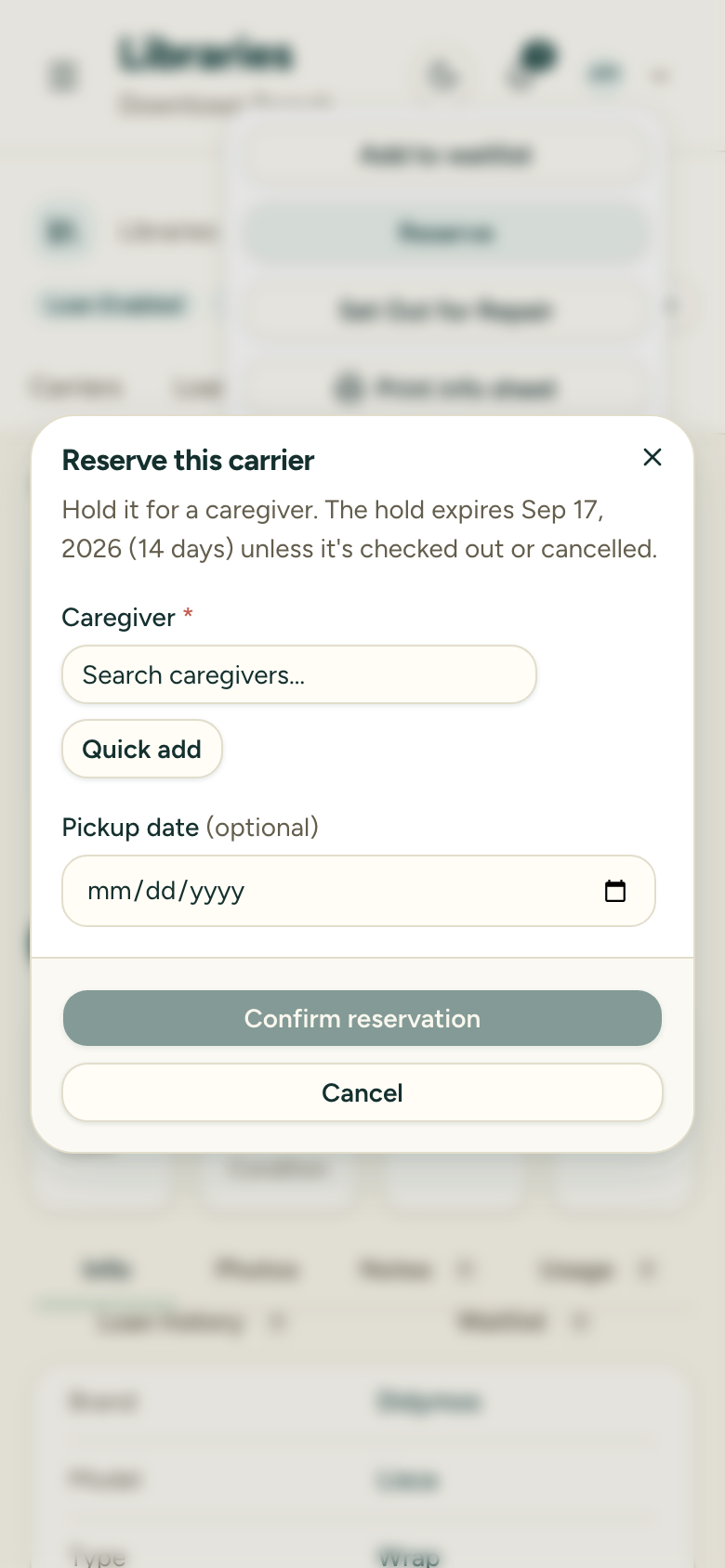 The Reserve this carrier dialog showing the hold expiry date and 14-day window, a required caregiver search field, an optional pickup date, and the Confirm reservation button