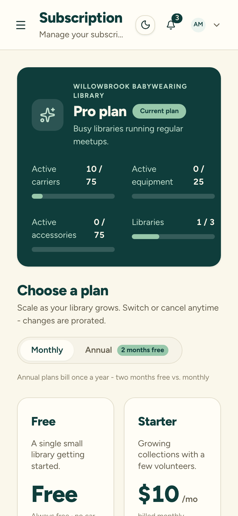 The Subscription page showing the current plan with active carrier and library counts against the tier limits