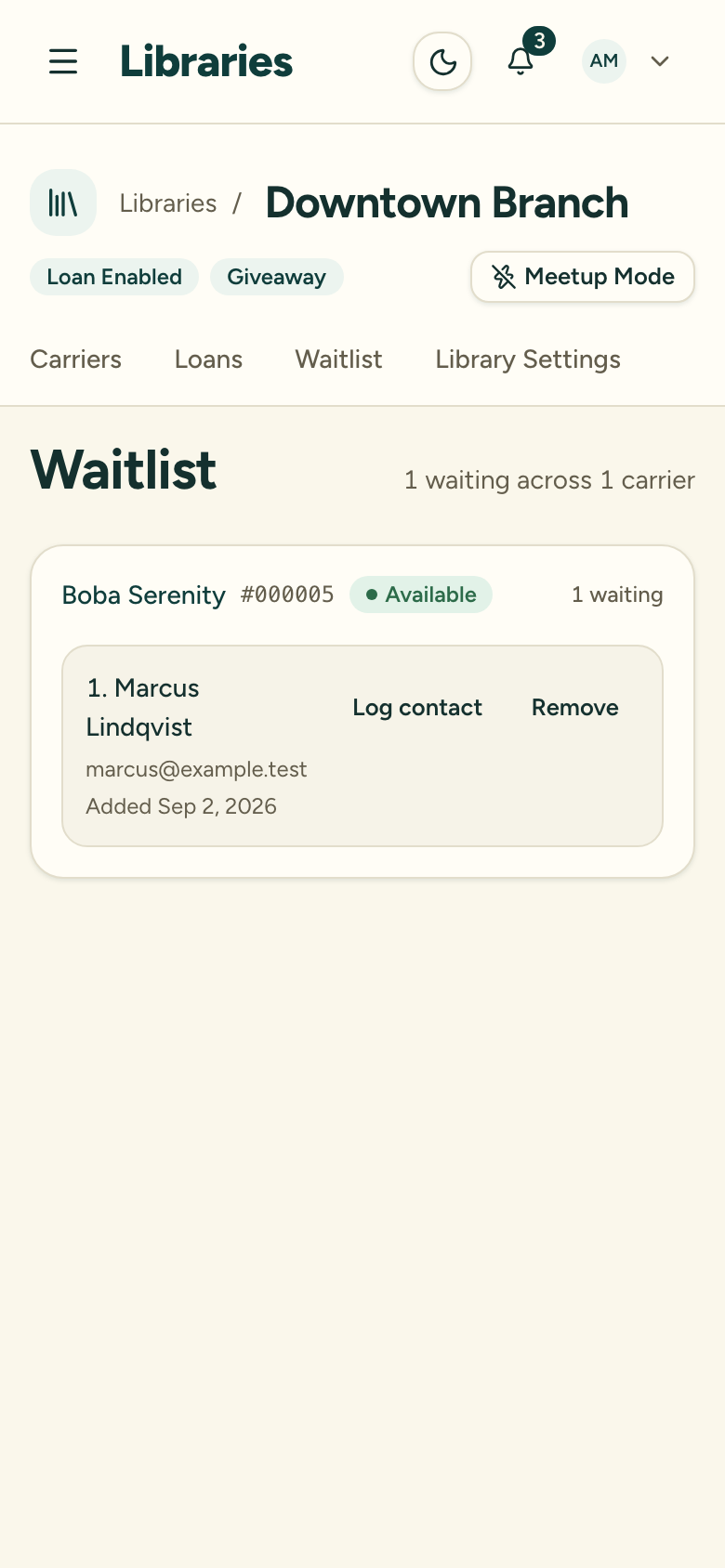 The library-wide Waitlist tab listing caregivers waiting for carriers in first-in, first-out order