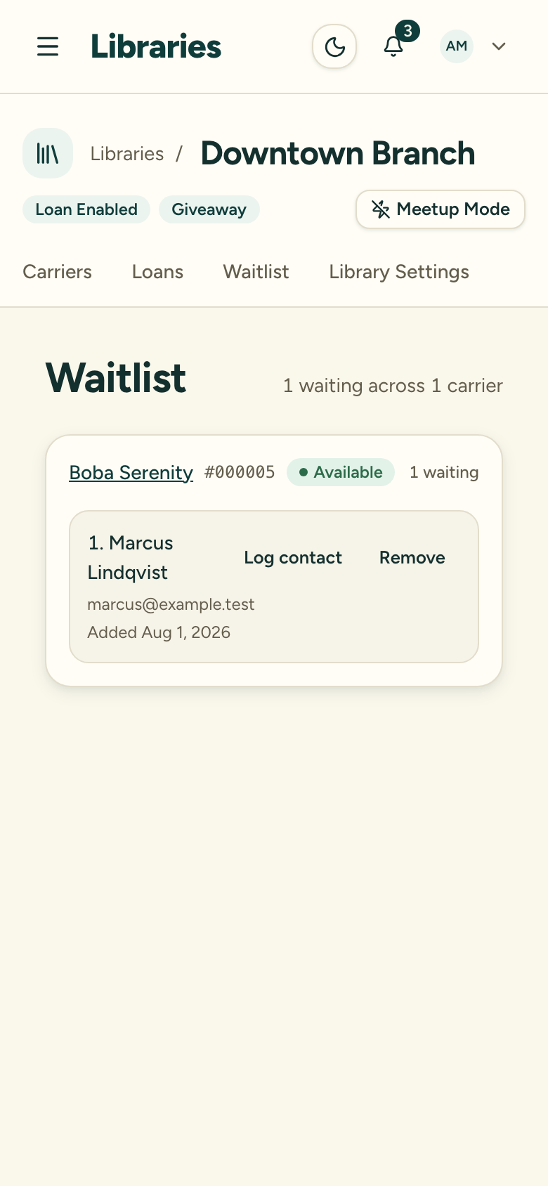 The library-wide Waitlist tab listing caregivers waiting for carriers in first-in, first-out order